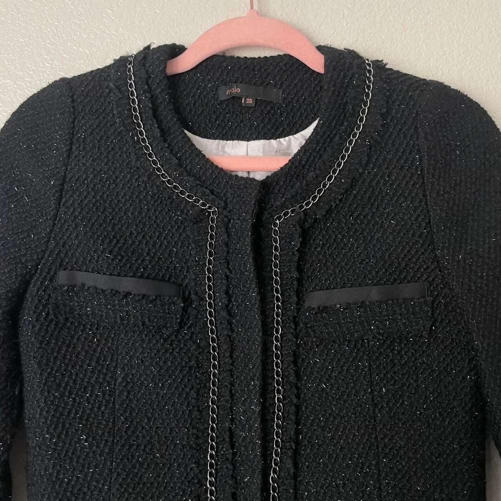 Maje Blazer Womens 36 Small Black Wool Tweed Knit Chain Trim Jacket Quiet Luxury